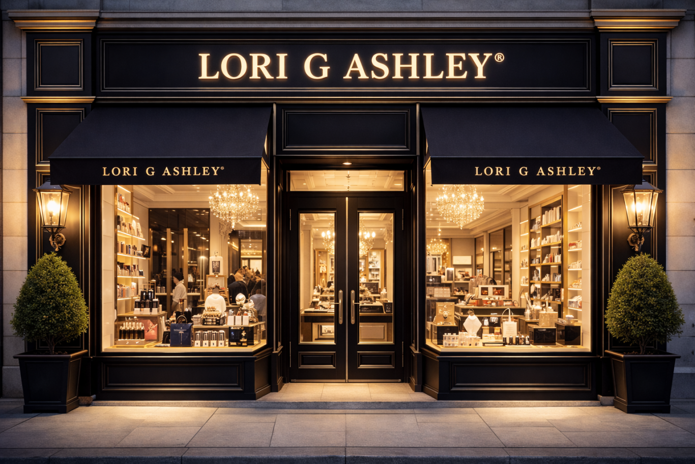 Facade of Lori G Ashley store with large windows and elegant lighting.